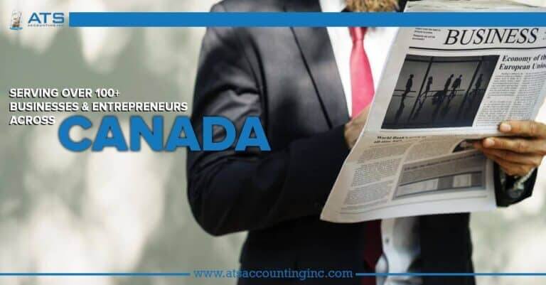 A man reading the business section of a newspaper and a caption that states that ATS Accounting Inc. serves more than 100 business across Canada